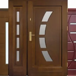 Ekspozycja pięciu różnych modeli drzwi wewnętrznych w odcieniach brązu i czerni, z przeszkleniami o różnych kształtach i wykończeniach, prezentowanych obok siebie na białym tle.