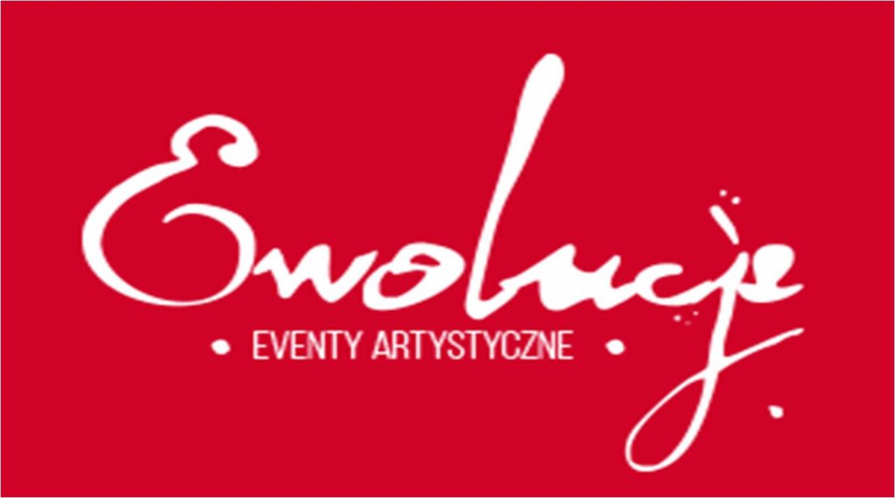 Logo firmy 'Ewolucje - Eventy Artystyczne' w kolorze białym na czerwonym tle, stylizowane pismo odręczne.