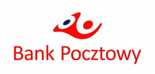 Logo Banku Pocztowego z czerwonym symbolem graficznym przypominającym stylizowaną postać w ruchu i napisem 'Bank Pocztowy' w kolorze czerwonym na białym tle.