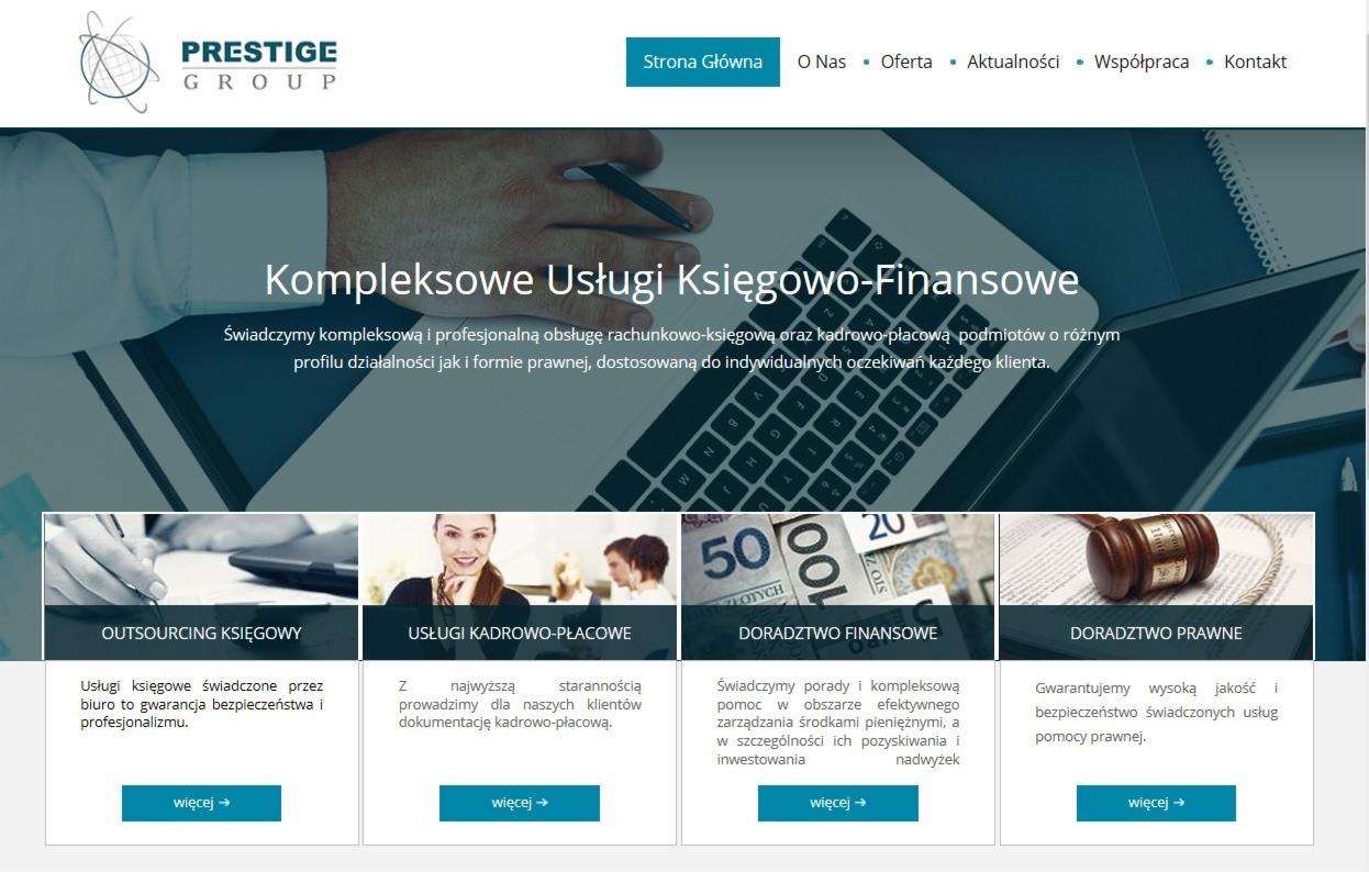 Strona internetowa firmy Prestige Group oferującej kompleksowe usługi księgowo-finansowe, z widocznym laptopem, dłonią z długopisem, pieniędzmi i symbolem doradztwa prawnego.