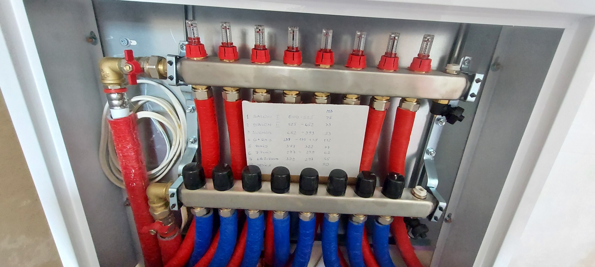 Rozdzielacz ogrzewania podłogowego w szafce, z czerwonymi i niebieskimi rurami oraz kartką z rozpisanymi parametrami dla poszczególnych pomieszczeń.