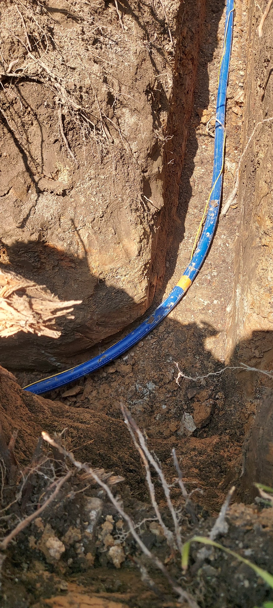 Niebieska rura gazowa ułożona w wykopie ziemnym, zabezpieczona żółtym kablem. Widoczne korzenie i struktura gleby. Ujęcie z góry.