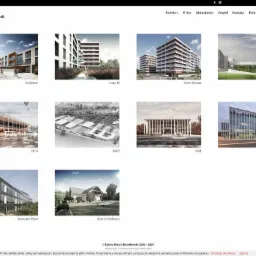 Zrzut ekranu strony internetowej prezentującej portfolio architektoniczne, z miniaturami wizualizacji budynków mieszkalnych i komercyjnych w różnych stylach, od nowoczesnych apartamentowców po domy...