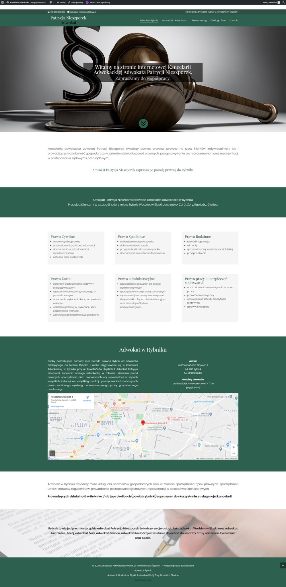 Strona internetowa kancelarii adwokackiej z motywem paragrafu i drewnianego młotka sędziowskiego