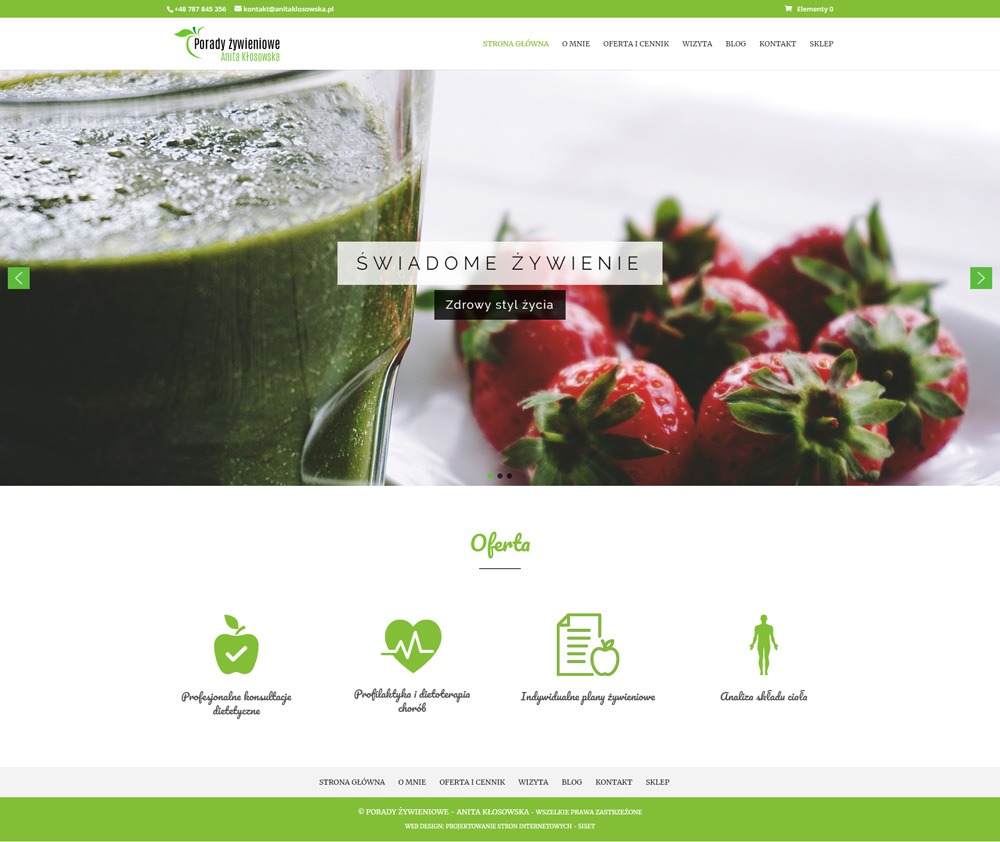 Strona internetowa dietetyka z zielonym smoothie i truskawkami w tle, nawigacja z zakładkami: Strona główna, O mnie, Oferta i cennik, Wizyta, Blog, Kontakt, Sklep.