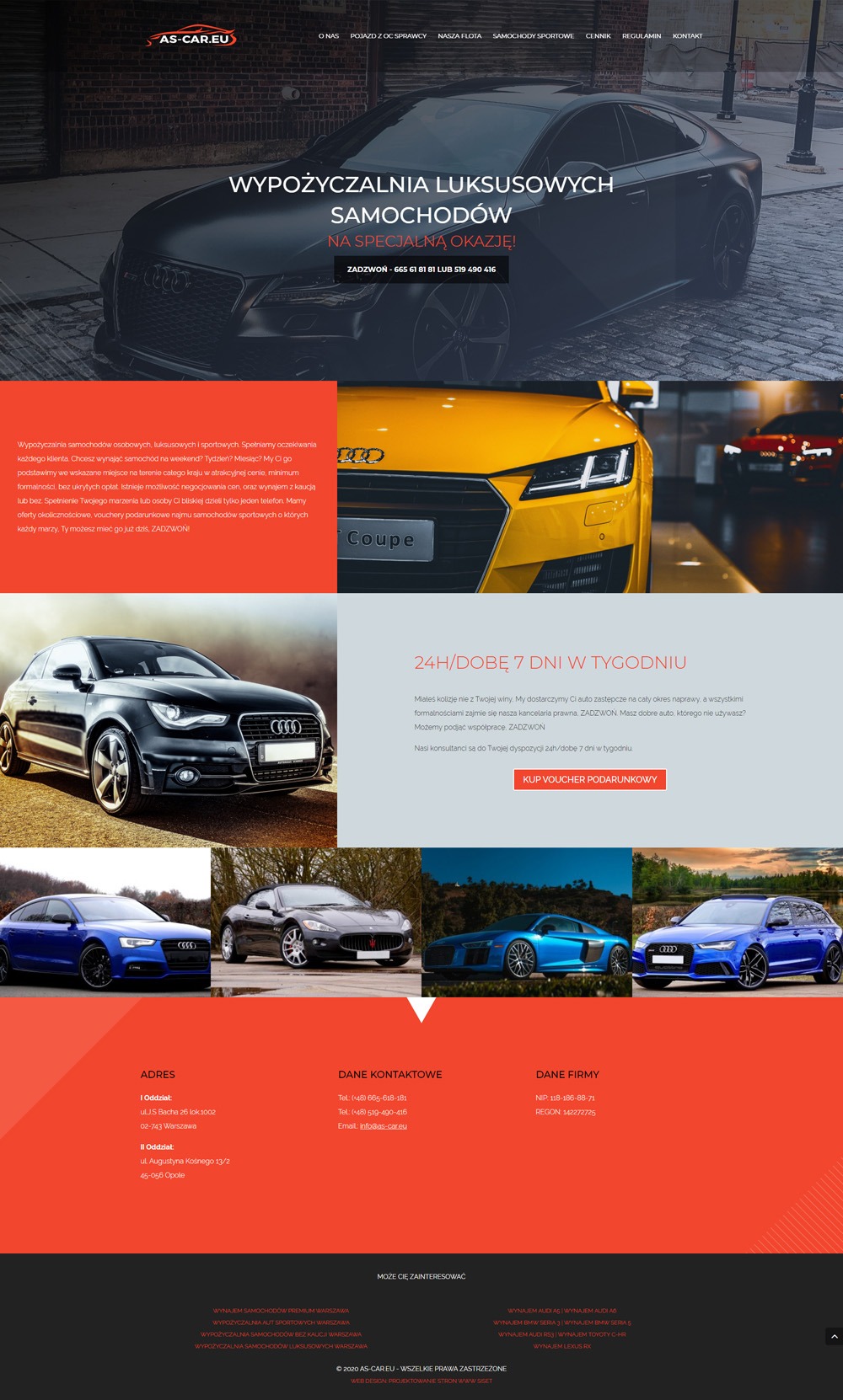 Strona internetowa wypożyczalni luksusowych samochodów AS-CAR.EU, prezentująca ofertę z wykorzystaniem zdjęć aut marek Audi i innych, z hasłem 'Wypożyczalnia luksusowych samochodów na specjalną...