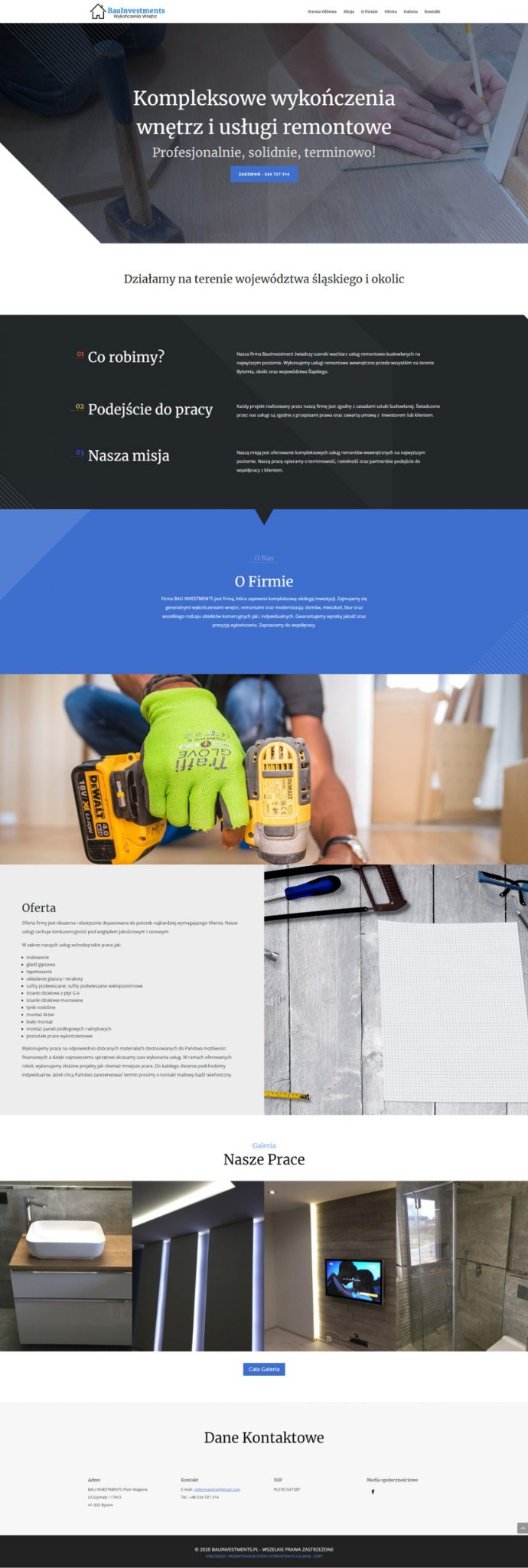Strona internetowa firmy remontowo-budowlanej z widocznym nagłówkiem o kompleksowym wykończeniu wnętrz, zdjęciem układania paneli oraz sekcjami 'O Firmie', 'Oferta' i 'Nasze Prace'.