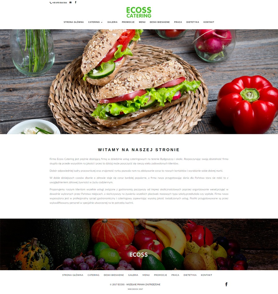 Strona internetowa firmy cateringowej Ecoss Catering z widocznymi zdjęciami kanapek, warzyw i owoców, prezentująca ofertę i dane kontaktowe.