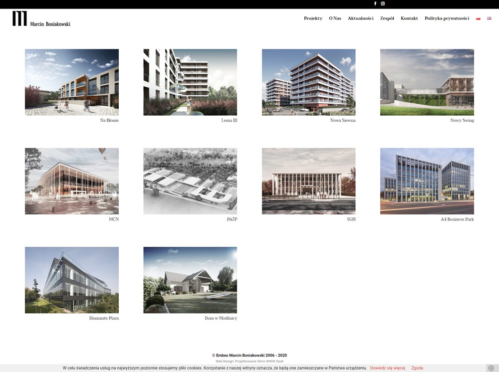 Zrzut ekranu strony internetowej prezentującej portfolio architektoniczne, z miniaturami wizualizacji budynków mieszkalnych i komercyjnych w różnych stylach, od nowoczesnych apartamentowców po domy...