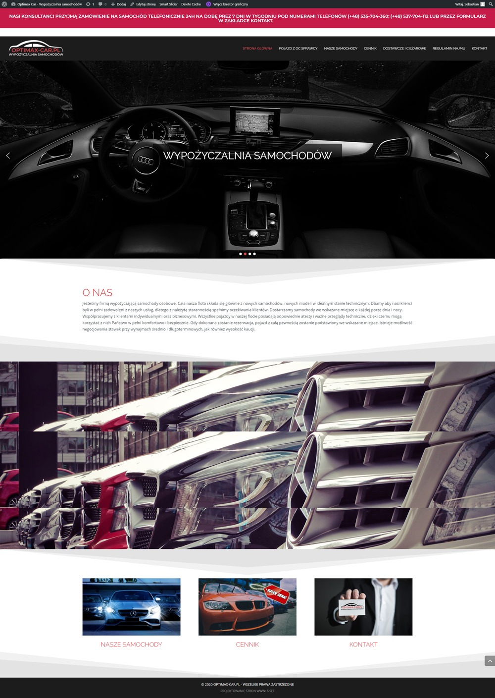 Strona internetowa wypożyczalni samochodów z widokiem na wnętrze Audi i rzędem samochodów na parkingu.