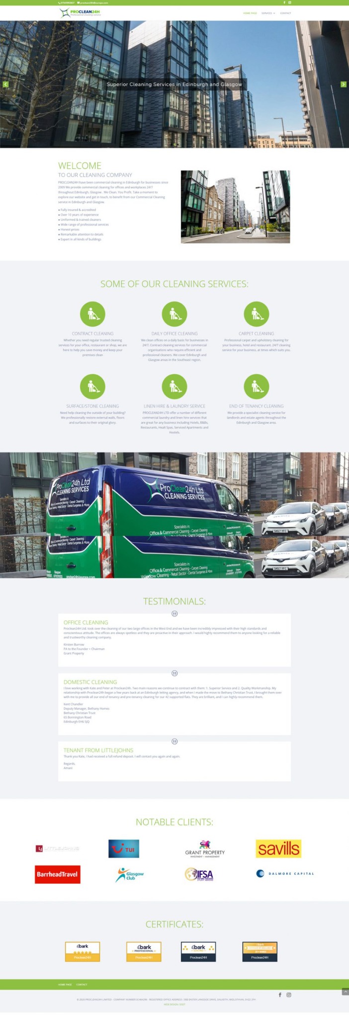 Strona internetowa firmy sprzątającej ProClean24H z siedzibą w Edynburgu i Glasgow, prezentująca usługi czyszczenia biur, dywanów, powierzchni kamiennych, wynajem bielizny i sprzątanie po najmie,...