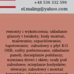 Wizytówka firmy remontowo-wykończeniowej E.L.Maling z numerem telefonu, adresem e-mail i zakresem usług: remonty, glazura, malowanie, płyty K-G, panele, okna, elewacje.