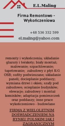 Wizytówka firmy remontowo-wykończeniowej E.L.Maling z numerem telefonu, adresem e-mail i zakresem usług: remonty, glazura, malowanie, płyty K-G, panele, okna, elewacje.