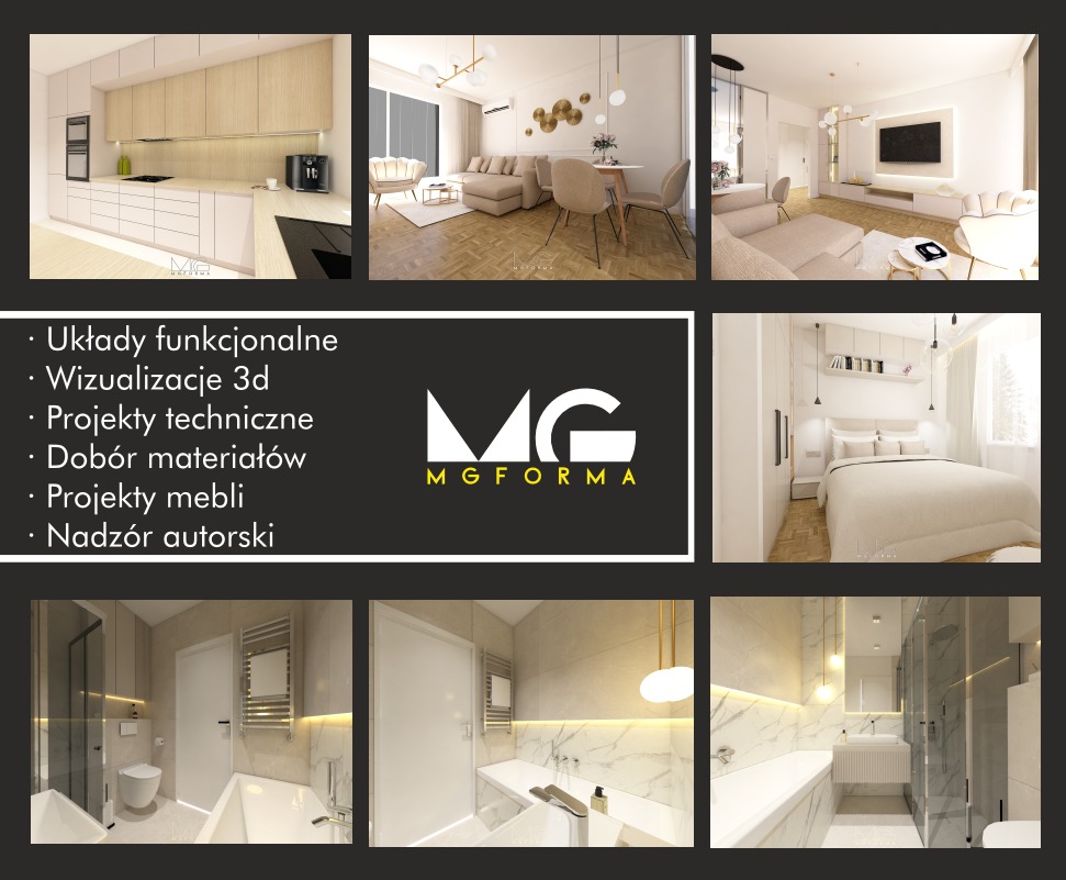 Kolaż wizualizacji 3D wnętrz: kuchnia z jadalnią, salon, sypialnia i łazienki. Jasne, nowoczesne aranżacje z dbałością o detale. Logo MGFORMA w centrum.