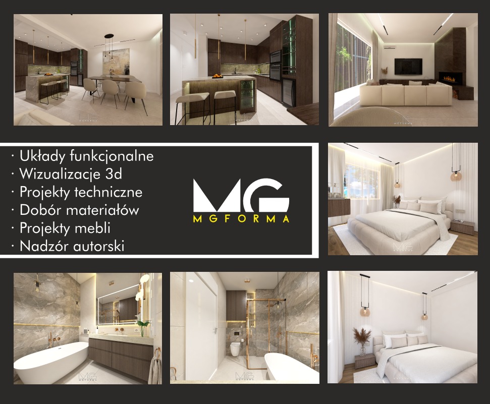 Kolaż wizualizacji 3D wnętrz: kuchnia z jadalnią, salon z kominkiem, sypialnia i łazienka. Nowoczesny design, jasne kolory, minimalistyczne oświetlenie. Logo MG FORMA.