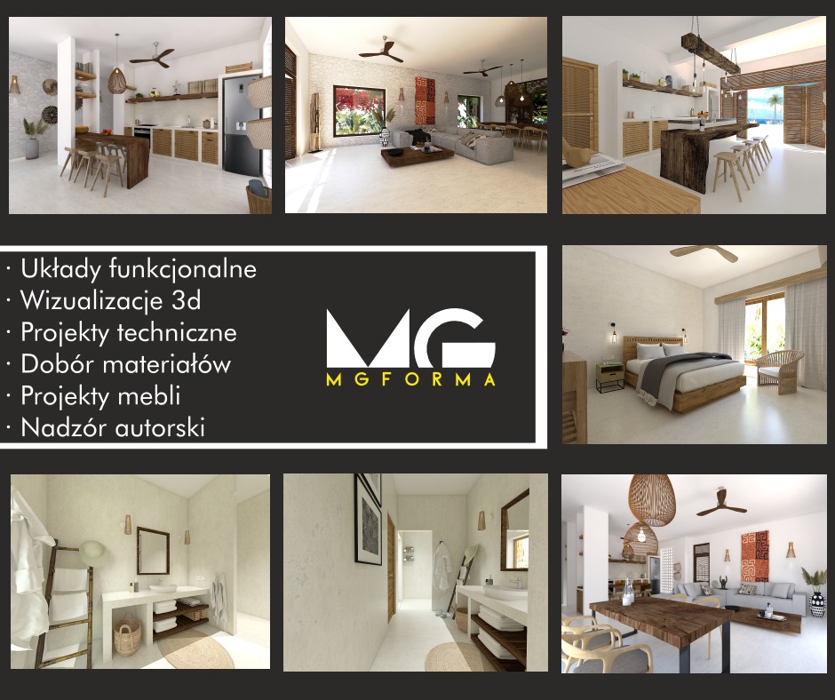 Kolaż wizualizacji 3D wnętrz: salon z kuchnią, sypialnia, łazienka, w jasnej tonacji z elementami drewna, prezentowany przez MGFORMA. Układy funkcjonalne i projekty mebli.