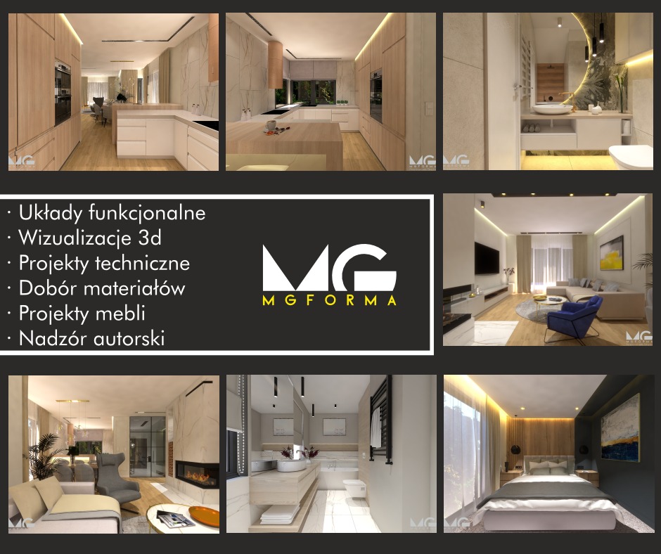 Kolaż wizualizacji 3D wnętrz: kuchnia, łazienka, salon i sypialnia w jasnych, nowoczesnych aranżacjach z elementami drewna i kamienia, prezentowane obok logo firmy MGFORMA.