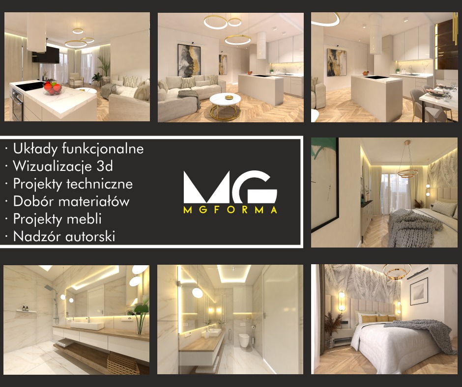 Kolaż wizualizacji 3D wnętrz: salon z kuchnią, sypialnia i łazienka. Nowoczesny design, jasne kolory, oświetlenie LED. Centralnie logo MG FORMA i lista usług.