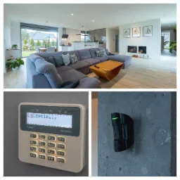 Panel sterowania alarmem Satel Perfecto z podświetlanymi przyciskami, czujnik ruchu z zieloną diodą oraz widok na salon z szarym narożnikiem i ogrodem za oknem.