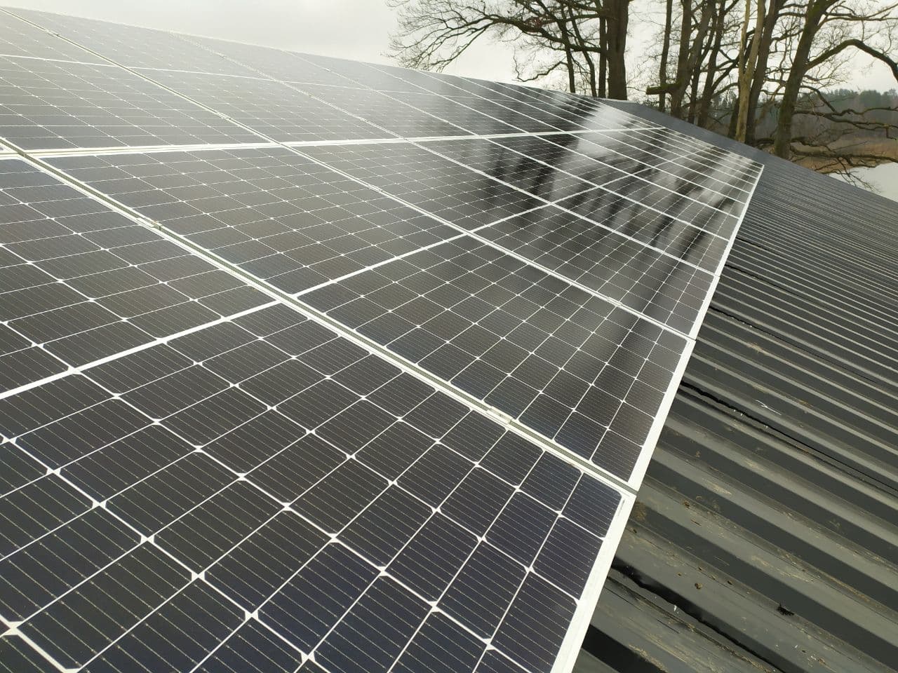 Panele fotowoltaiczne zamontowane na metalowym dachu, widoczne odbicie drzew w panelach.