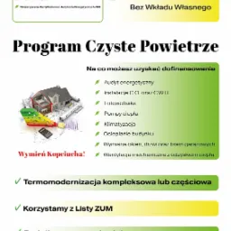 Grafika informacyjna o programie 'Czyste Powietrze' z informacją o dofinansowaniu, audycie energetycznym, instalacjach C.O. i C.W.U., fotowoltaice, pompach ciepła, klimatyzacji, ociepleniu budynku,...