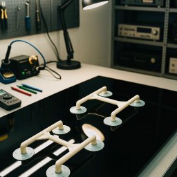 OlsTech Group Serwis Rubinkowo - Czarny panel szklany z przyssawkami na blacie warsztatowym, narzędzia i sprzęt RTV w tle. Oświetlenie warsztatowe podkreśla detale.