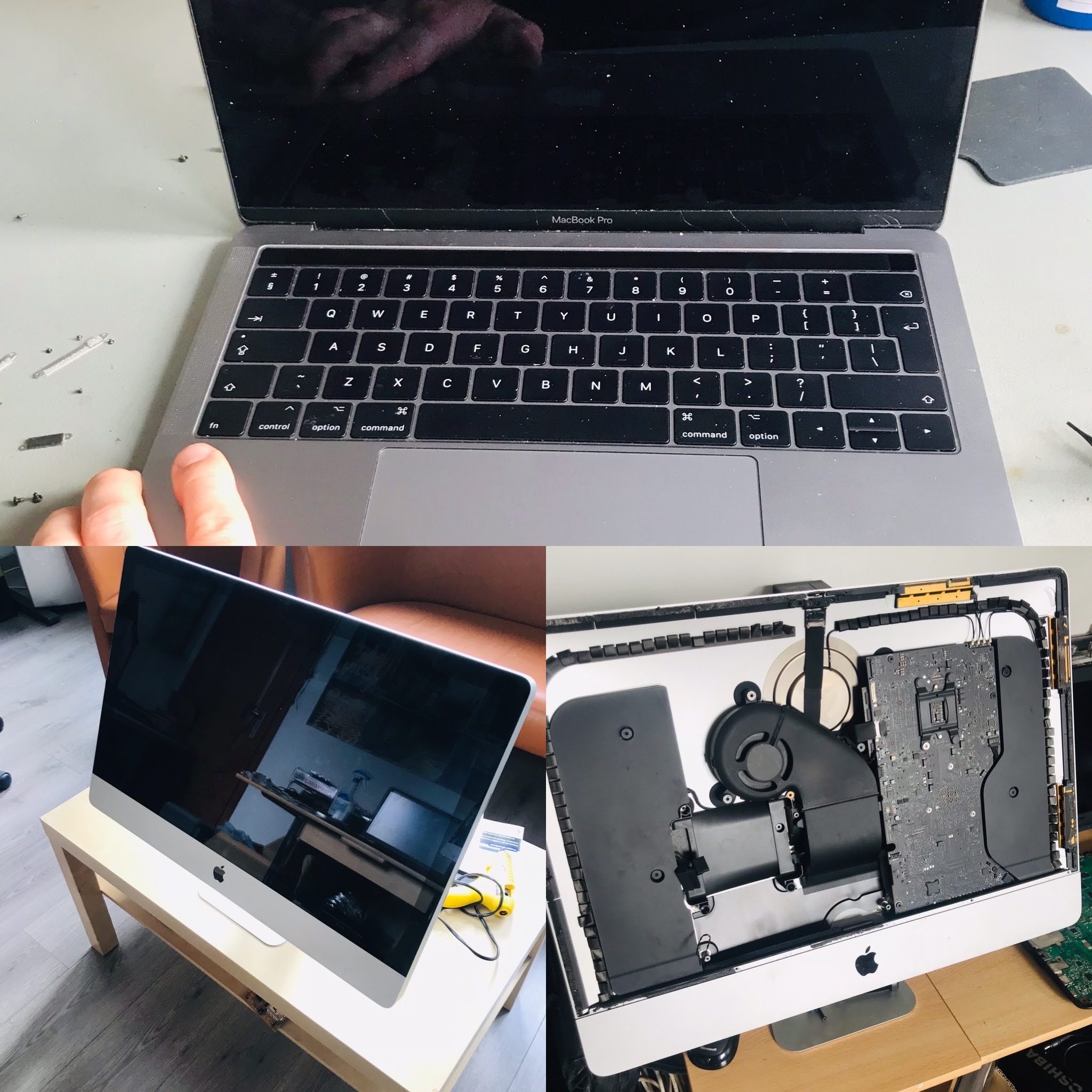 MacBook Pro z widocznymi śrubkami obok klawiatury, iMac na drewnianym stoliku oraz wnętrze rozebranego iMac'a z widoczną płytą główną i wentylatorem.