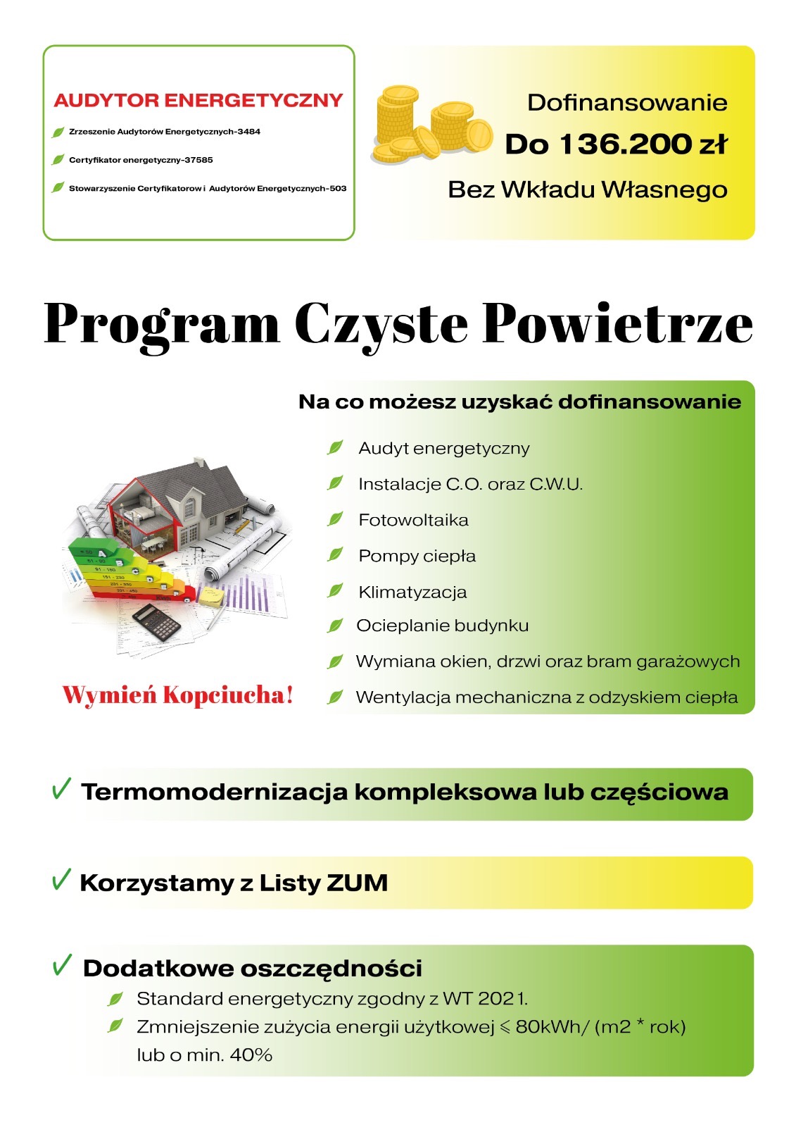 Grafika informacyjna o programie 'Czyste Powietrze' z informacją o dofinansowaniu, audycie energetycznym, instalacjach C.O. i C.W.U., fotowoltaice, pompach ciepła, klimatyzacji, ociepleniu budynku,...