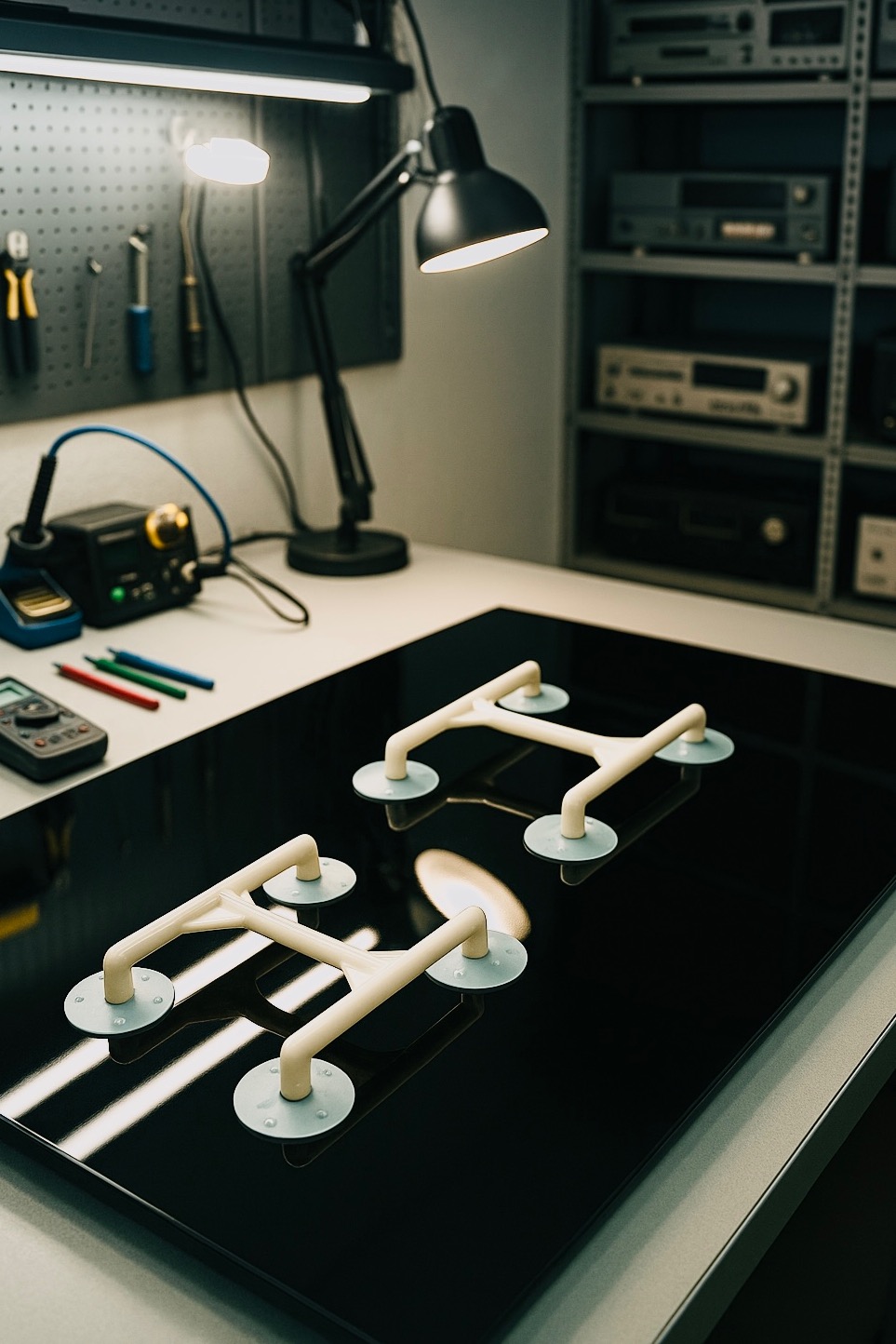 Czarny panel szklany z przyssawkami na blacie warsztatowym, narzędzia i sprzęt RTV w tle. Oświetlenie warsztatowe podkreśla detale.