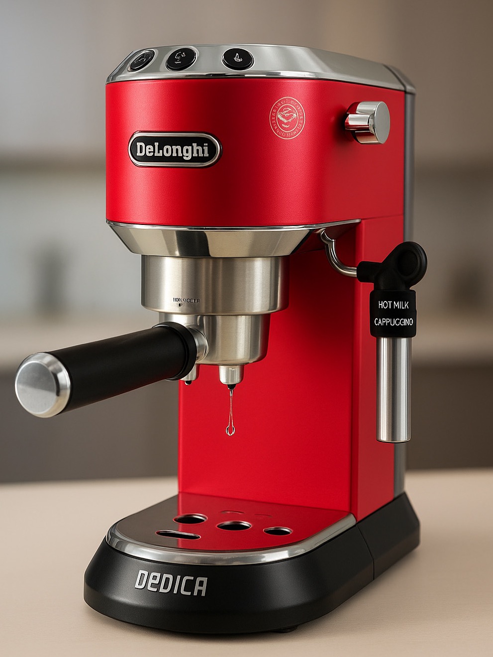 Czerwony ekspres do kawy DeLonghi Dedica z kroplą kawy, na jasnym blacie. Widoczne chromowane elementy i czarny uchwyt. Minimalistyczny design.