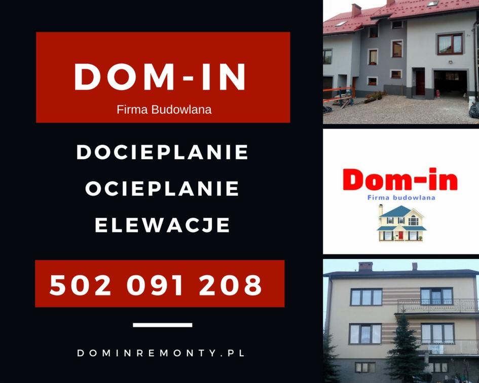 Kompozycja graficzna firmy budowlanej Dom-In: wizualizacja logo, budynek po remoncie elewacji w odcieniach szarości z czerwonym dachem, oraz budynek przed remontem z beżową elewacją i balkonem.