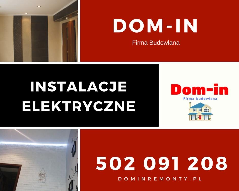 Kompozycja graficzna z elementami wnętrz, logo firmy budowlanej Dom-In, informacją o instalacjach elektrycznych i danymi kontaktowymi.