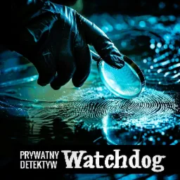 Odcisk palca pod lupą trzymaną przez osobę w rękawiczce, w tle ciemne tło z refleksami. Prywatny Watchdog.