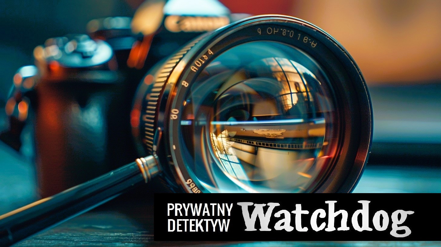 Obiektyw aparatu z odbiciem wnętrza budynku, obok leży lupa. W tle logo firmy detektywistycznej 'Prywatny Detektyw Watchdog'.