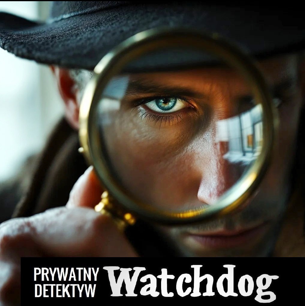 Portret mężczyzny w kapeluszu, z lupą powiększającą oko. W tle widoczne wnętrze budynku. U dołu logo firmy 'Prywatny Detektyw Watchdog'.