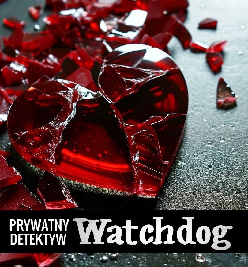 Rozbite, czerwone serce z przezroczystego materiału na ciemnym, wilgotnym tle, symbolizujące złamane serce lub zdradę, w kontekście usług detektywistycznych.