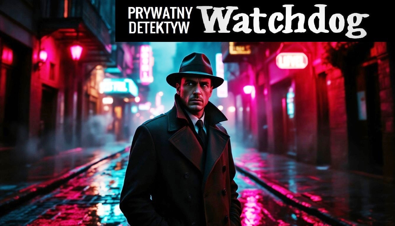 Mężczyzna w kapeluszu i płaszczu na tle neonowej ulicy nocą, z napisem 'Prywatny Detektyw Watchdog' u góry.