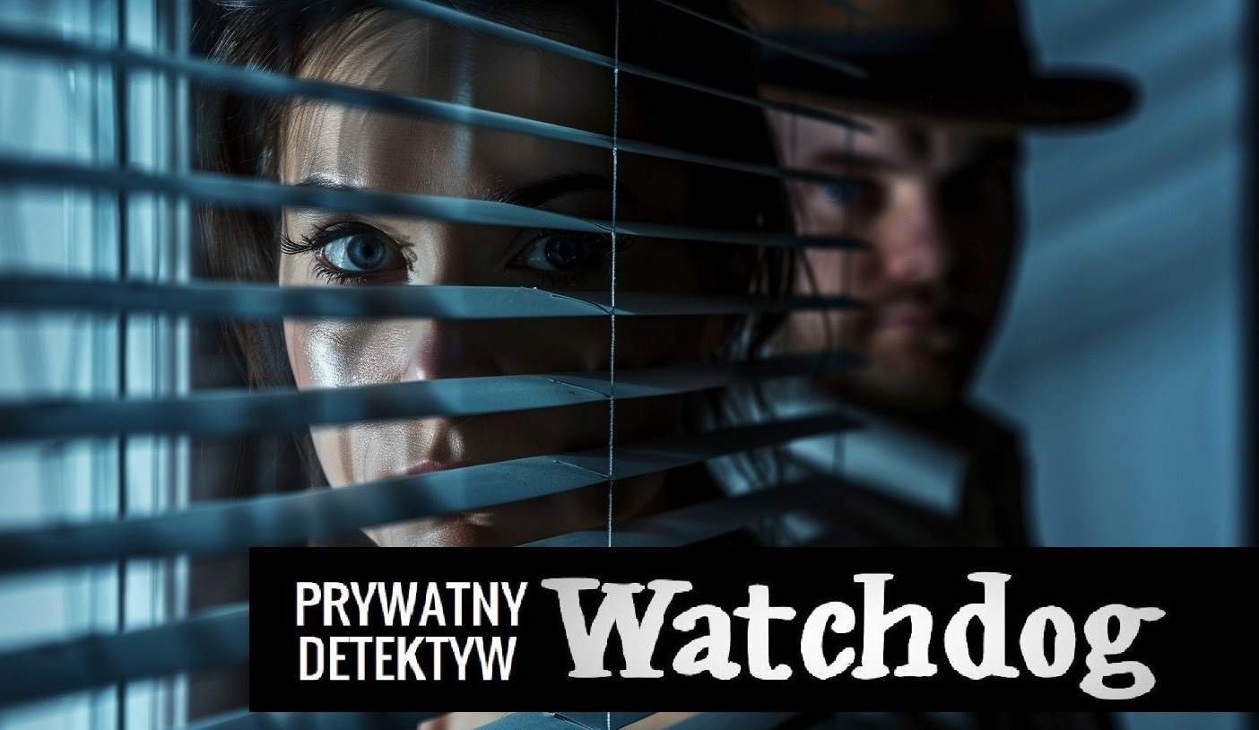 Kobieta i mężczyzna spoglądają przez żaluzje. Logo 'Prywatny Detektyw Watchdog' w dolnej części kadru. Mroczna atmosfera, detektywistyczny klimat.