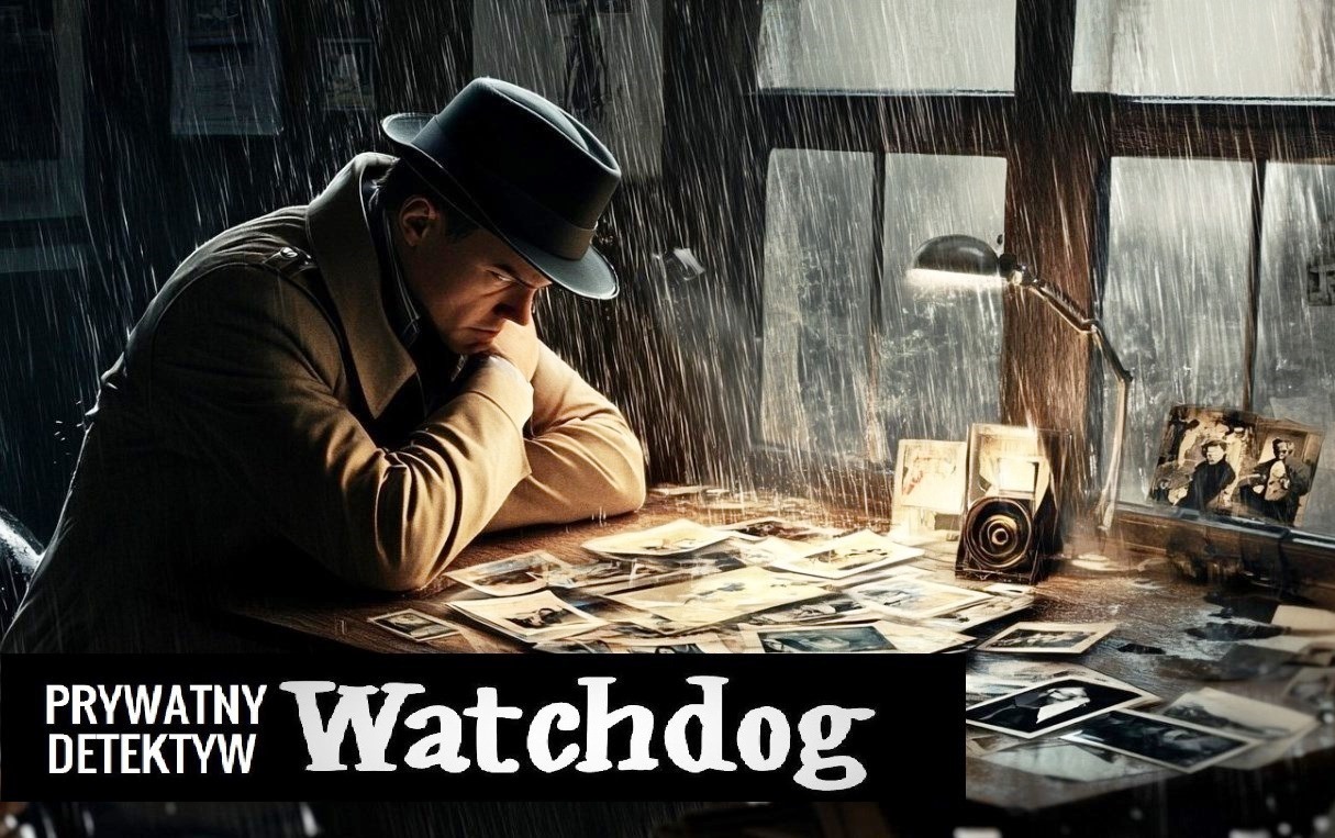 Mężczyzna w kapeluszu i płaszczu analizuje zdjęcia na drewnianym stole pod lampą, podczas deszczu za oknem. Klimat retro, detektywistyczny.