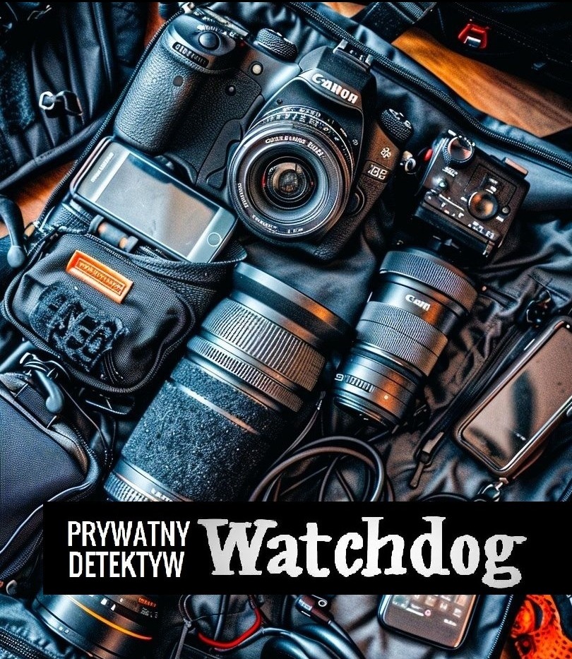 Sprzęt detektywistyczny: aparaty Canon, obiektywy, telefon i torba na tle ciemnej tkaniny. Widoczne logo firmy 'Prywatny Detektyw Watchdog' w dolnej części.