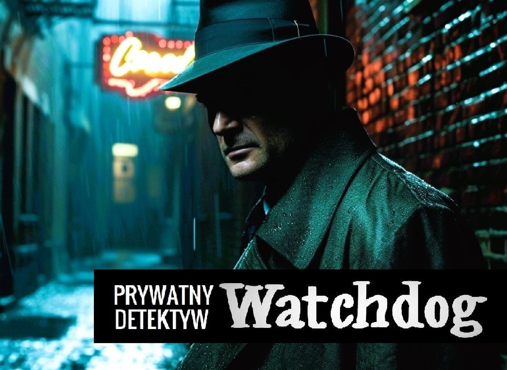 Mężczyzna w kapeluszu i płaszczu, w deszczu, nocą, w uliczce z neonem 'Cinema'. Prywatny detektyw 'Watchdog'.