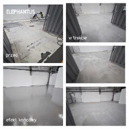 Kolaż zdjęć prezentujący etapy wykonania posadzki żywicznej w hali: stan surowy z napisem, szlifowanie, stan 'w trakcie' i efekt końcowy - gładka, szara powierzchnia.