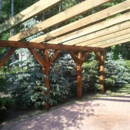 Drewniana pergola z surowymi belkami, pomalowana na brązowo, z widoczną konstrukcją wspornikową, otoczona zielonymi drzewami i krzewami, na tle brukowanej ścieżki.