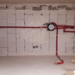Surowy stan łazienki z widocznymi czerwonymi rurami doprowadzającymi wodę, zamontowanymi na ścianie z białych bloczk&oacute;w, z widocznym licznikiem wody i fragmentami karton&oacute;w na podłodze.