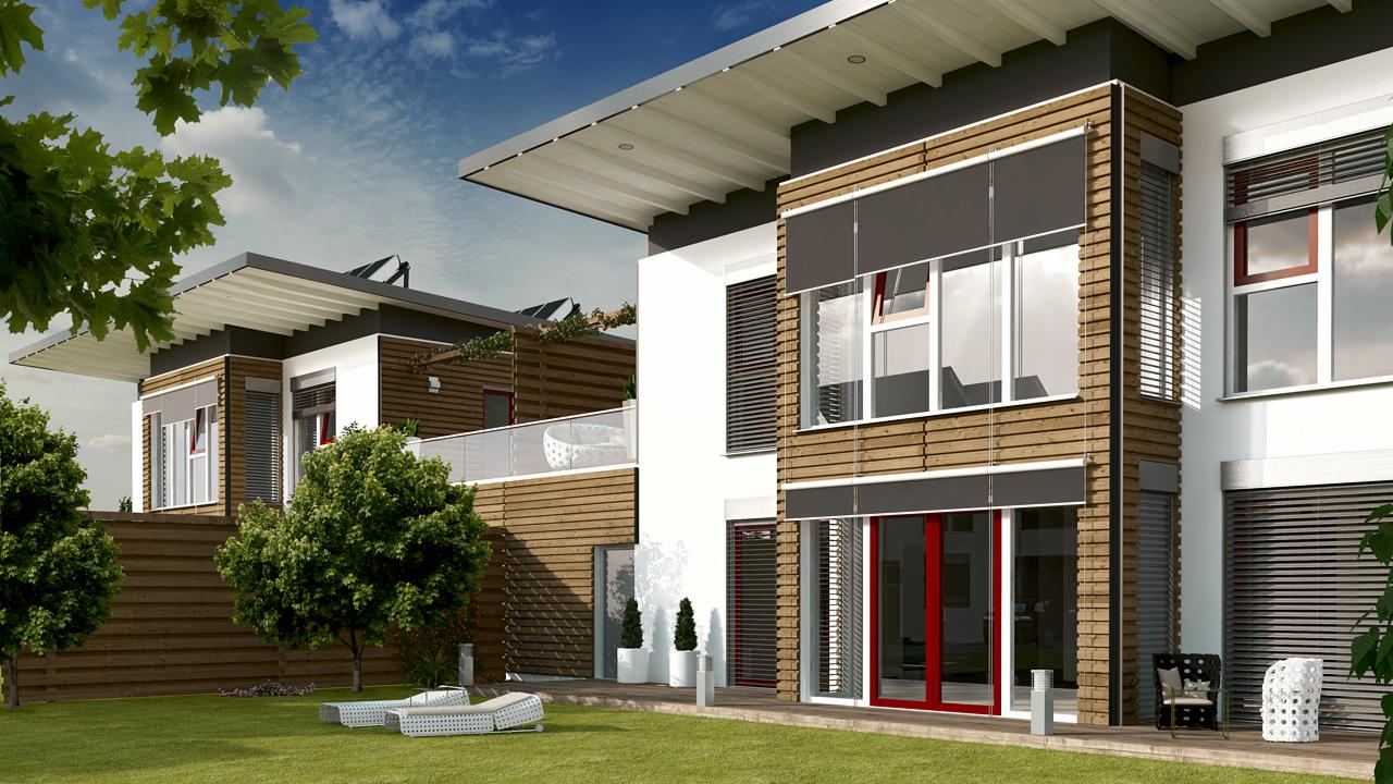 Przykładowy dom z dachem jednospadowym w zabudowie bliżniaczej