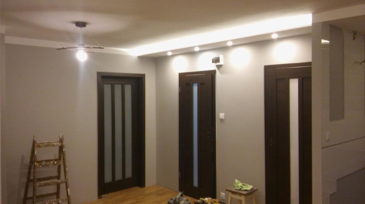 Szare ściany w pokoju z trzema ciemnymi drzwiami z przeszkleniami, drewniana podłoga, drabina malarska i oświetlenie sufitowe LED.