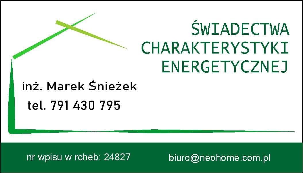 Wizytówka firmy Inż. Marek Śnieżek oferującej świadectwa charakterystyki energetycznej, z zielonym logo przypominającym dom.