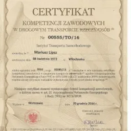 Skan certyfikatu kompetencji zawodowych w drogowym transporcie rzeczy i osób, wydany przez Instytut Transportu Samochodowego w Warszawie, z datą 20 grudnia 2016 roku, dla Mariusza Lipsza...