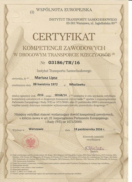 Skan certyfikatu kompetencji zawodowych w drogowym transporcie rzeczy/osób, wydanego przez Instytut Transportu Samochodowego w Warszawie, z danymi personalnymi Mariusza Lipsza i datą wydania 18...