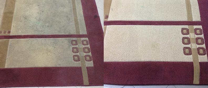 Dywan z geometrycznym wzorem: po lewej stronie widoczne silne zabrudzenia, po prawej dywan po czyszczeniu, prezentujący znaczną poprawę wyglądu.